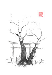 Japanese style sumi-e twin tree ink painting.