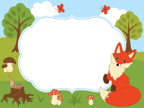 Vector Card Template with a Cute Fox, Butterflies, Mushrooms and Trees on Forest Background. 