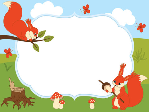 Vector Card Template with Cute Squirrels, Butterflies, Mushrooms on Forest Background. 