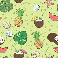 Seamless summer pattern with pineapple, coconut, palm leaves and seashells