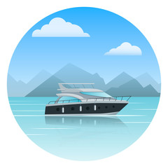 Modern boat and sea landscape with mountains and clouds. Vector