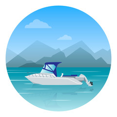 Motor boat on water with mountains in the background. Vector