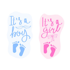 Lettering it is a boy and it is a girl. Vector greeting card for baby shower. Baby shower party design element.
