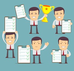 Cartoon human character holding a questionnaire with green tick. Set . social media marketing concept. vector illustration in flat design on city background