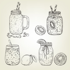 Graphic sketch of different smoothie icons. Vector mango, kiwi, blueberry, grapefruit and line beverages. Fruity set used for poster, card, menu or recipe book design.
