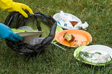 Garbage collection on the green lawn