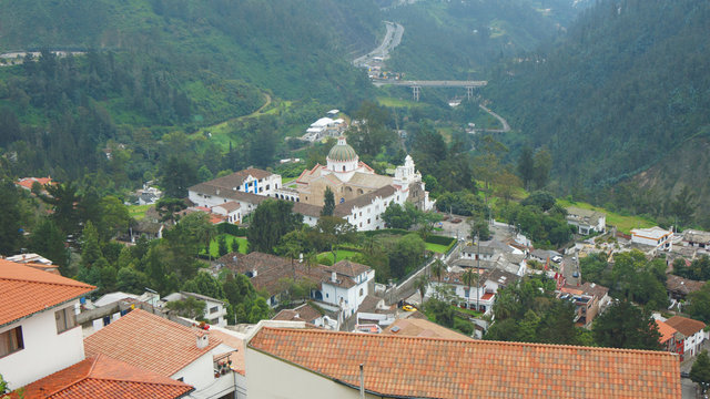 Aerial view of the old town of Guapulo where the Sanctuary of the Virgin of Guapulo stands out. The Church is a large structure with a neoclassical facade