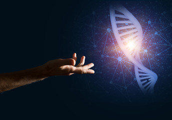 Science medicine and technology concepts as DNA molecule on dark background with connection lines