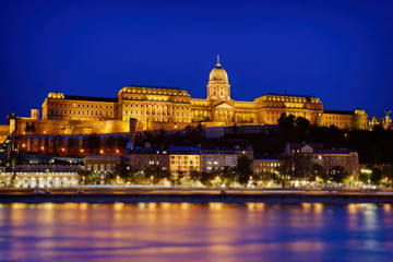 Budapest royal palace at night with illumination, Hungary, Europe. Travel outdoor european...