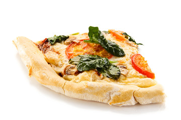 Pizza slice - pepperoni with spinach isolated 