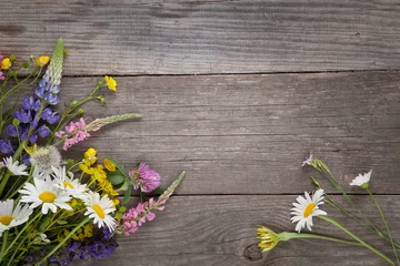 Papier Peint photo Fleurs Wild flowers on old grunge wooden background (chamomile lupine dandelions thyme mint bells rape)