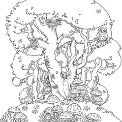 Line art of a forest glade with toadstool and a large tree that is home to owls isolated on a white background