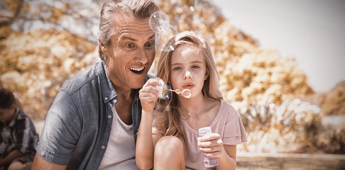 Father and daughter blowing bubble wand at picnic in park - Powered by Adobe
