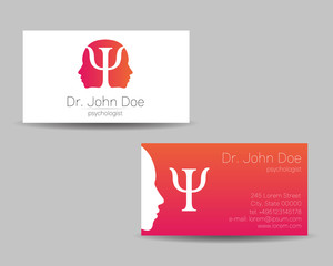 Psychology vector visit card. Modern logo. Creative style. Design concept. Brand company. Pink color isolated on gray background. Symbol for web, print. visiting personal set