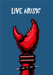 Live music poster with crab claw. Heavy metall. Tattoo style.