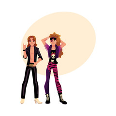 Couple of young men, guys dressed as glam rock stars, cartoon vector illustration with space for text. Full length portrait of two young people dressed as glam rock stars, leather, army boots