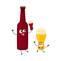 Funny beer bottle and glass characters having fun, drinking, holding glasses, cartoon vector illustration isolated on white background. Funny beer bottle and glass characters with smiling human faces