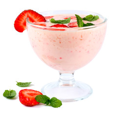 Healthy strawberry yogurt with mint leaves and fresh berries isolated on white background