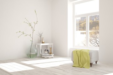 White room with vase and urban landscape in window. Scandinavian interior design. 3D illustration