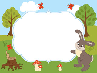 Obraz na płótnie Canvas Vector Card Template with a Cute Rabbit, Butterflies, Mushrooms and Trees on Forest Background. 