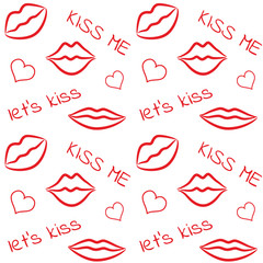 Seamless pattern of outlines of lips and hearts. Vector illustration