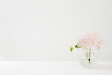 bouquet of pink hydrangeas flowers in vase on white table. Empty space for text