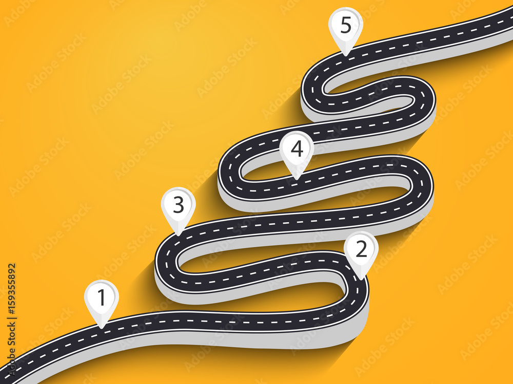 Poster 3d winding road on a colorful background. road way location infographic template with pin pointer. v