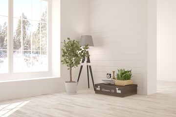 White empty room with winter landscape in window. Scandinavian interior design. 3D illustration