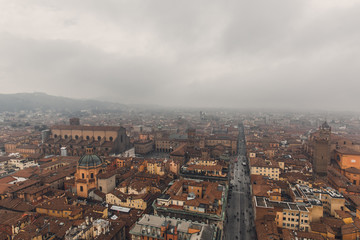 Fototapeta na wymiar Panoramic view of foggy Bologna Italy