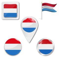 Set of icons of the national flag of Luxembourg in different designs on a white background. Realistic vector illustration. Button, pointer and checkbox.