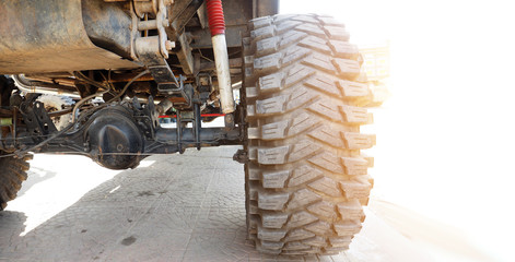 Army truck 4WD bottom show spare parts and tire big foot