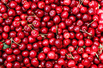 Sweet red cherry background, top view.