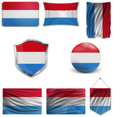 Set of the national flag of Luxembourg in different designs on a white background. Realistic vector illustration.
