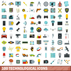 100 technological icons set, flat style
