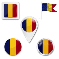 Set of icons of the national flag of Romania in different designs on a white background. Realistic vector illustration. Button, pointer and checkbox.