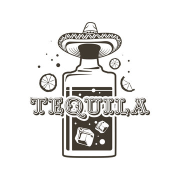 Logo bottles of tequila, straight shot and a Mexican hat.
