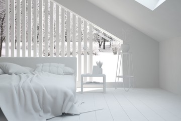 White modern bedroom. Scandinavian interior design. 3D illustration