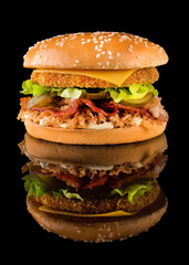 Tasty Chicken Burger on a Black Background with Reflection