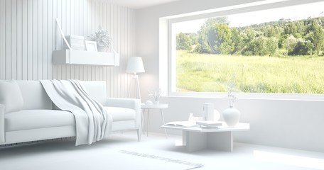 White room with sofa and green landscape in window. Scandinavian interior design. 3D illustration