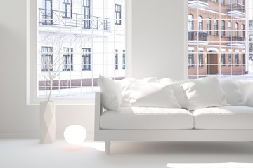 Fototapeta na wymiar White room with sofa and urban landscape in window. Scandinavian interior design. 3D illustration
