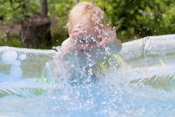 Happy baby boy playing in the pool on the backyard. Water splash. Summer vacation concept