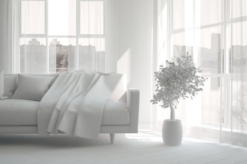 White room with sofa. Scandinavian interior design. 3D illustration