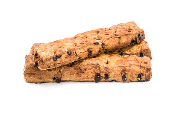 Chocolate chip stick bread on white background.