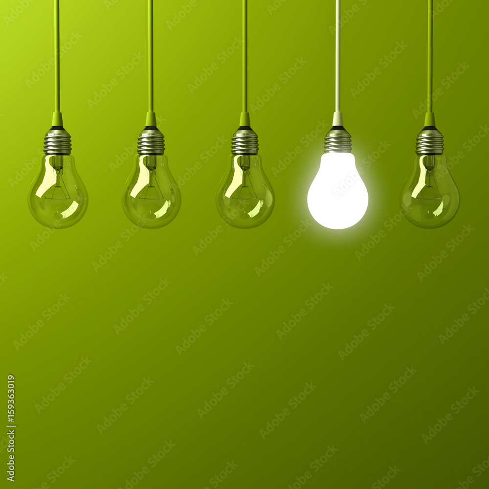 Poster one hanging light bulb glowing different and standing out from unlit incandescent bulbs with reflect