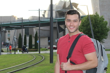 Joyful public transportation passenger with copy space