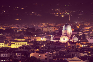 Fototapeta premium Great Synagogue of Florence at night, view from above. Travel outdoor sightseeing background
