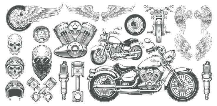 Fototapeta Set of vector illustrations, icons of hand-drawn vintage motorcycle in various angles, skulls, wings in the style of engraving. Classic chopper in ink style. Print, engraving, template, design element