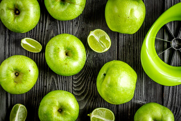 ripe green apples dark wooden table background top view pattern