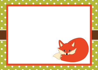 Vector Card Template with a Cute Fox on Polka Dot Background. 