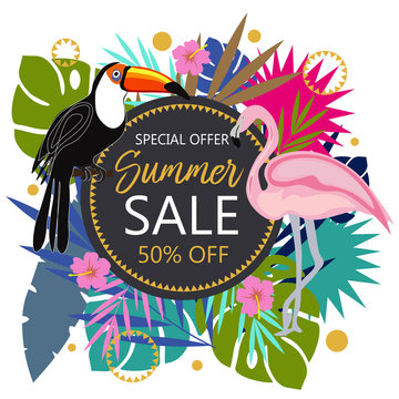 Summer sale concept. Summer background with tropical flowers, flamingo and toucan.Template Vector